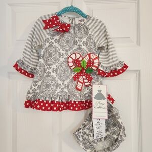 Rare Editons Gray and Red Christmas Holiday Baby Outfit. Sz 12 Months.
